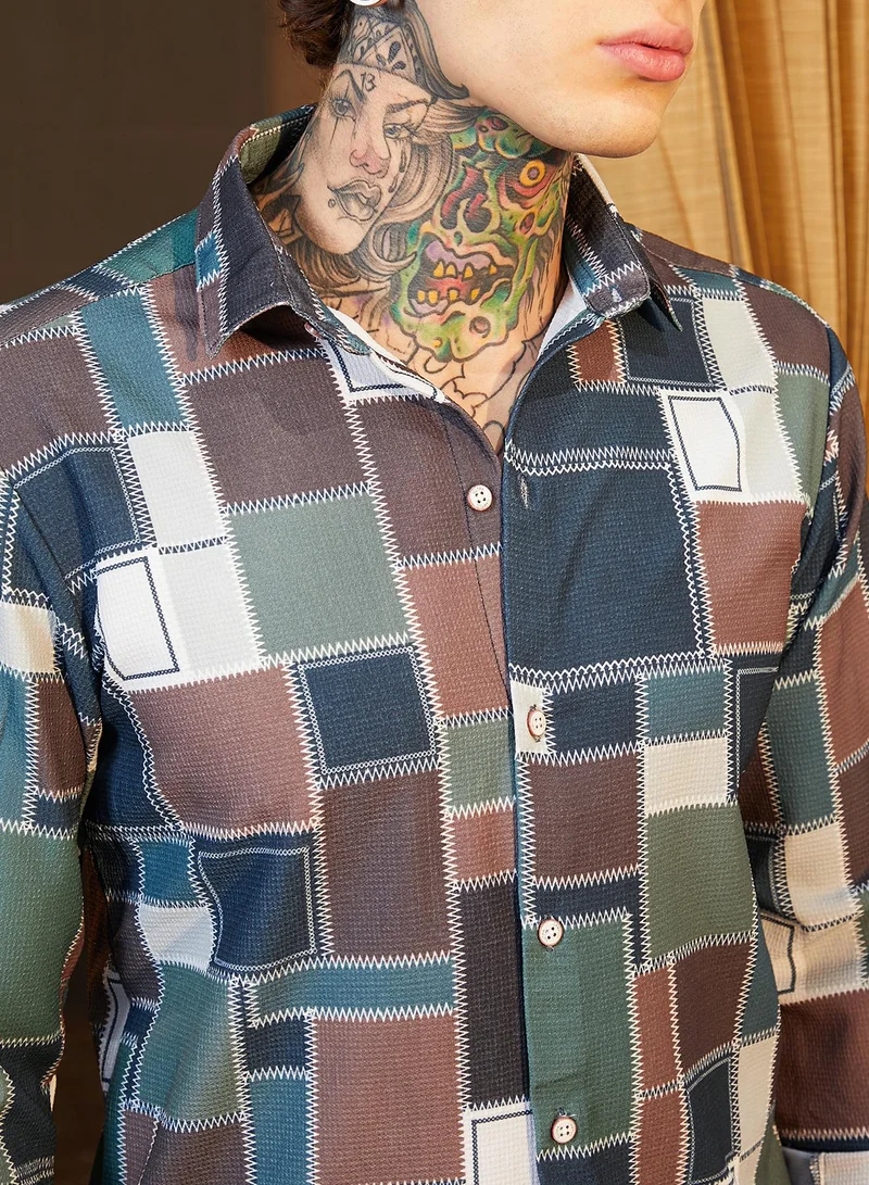 Campus Sutra Men's Emerald Green & Chocolate Brown Patch-Stitch Imprint Shirt