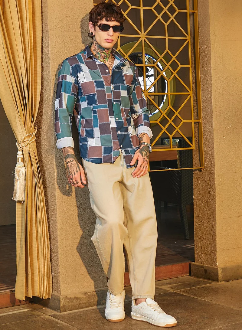 Campus Sutra Men's Emerald Green & Chocolate Brown Patch-Stitch Imprint Shirt