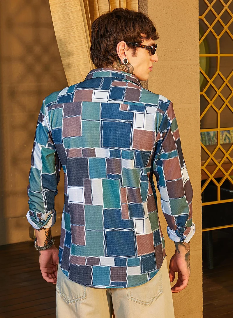 Campus Sutra Men's Emerald Green & Chocolate Brown Patch-Stitch Imprint Shirt