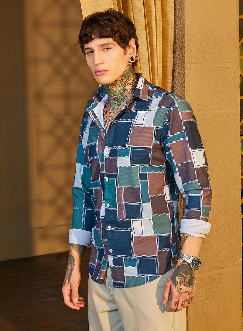 Campus Sutra Men's Emerald Green & Chocolate Brown Patch-Stitch Imprint Shirt