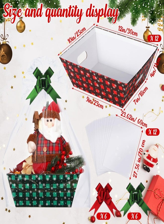 Cholemy 36 Pcs 12 Pack 12x10x4 Christmas Basket Empty Large Size Basket Empty Bulk, Includes 12 Cardboard Baskets with Handles, 12 Plastic Bags, 12 Bows, Cardboard Tray Large Gift Baskets Kit(Plaid - Image 2