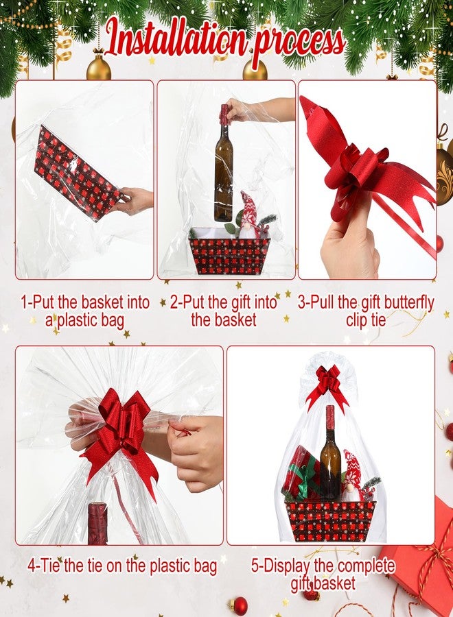 Cholemy 36 Pcs 12 Pack 12x10x4 Christmas Basket Empty Large Size Basket Empty Bulk, Includes 12 Cardboard Baskets with Handles, 12 Plastic Bags, 12 Bows, Cardboard Tray Large Gift Baskets Kit(Plaid - Image 4