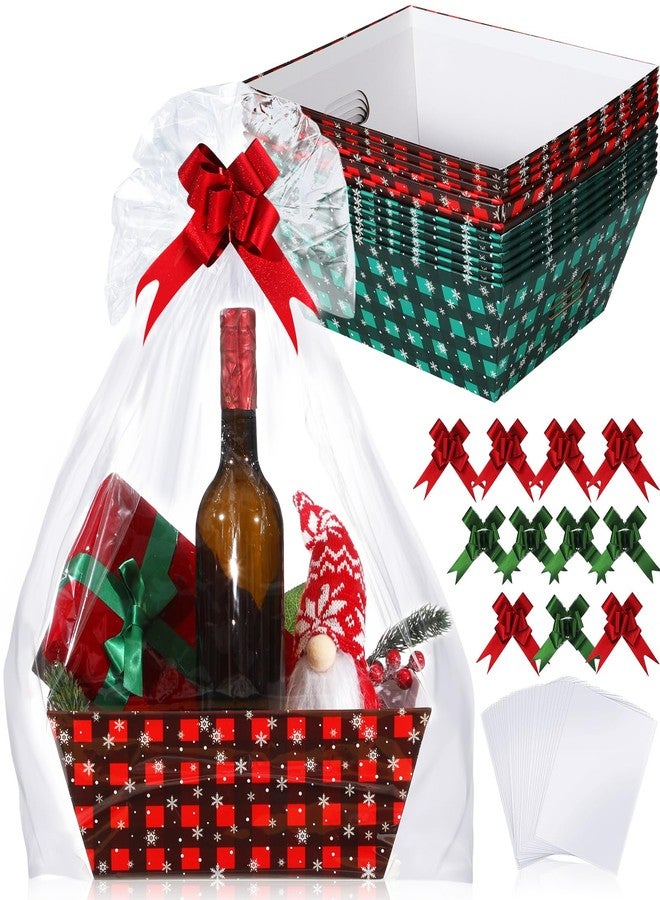 Cholemy 36 Pcs 12 Pack 12x10x4 Christmas Basket Empty Large Size Basket Empty Bulk, Includes 12 Cardboard Baskets with Handles, 12 Plastic Bags, 12 Bows, Cardboard Tray Large Gift Baskets Kit(Plaid - Image 1