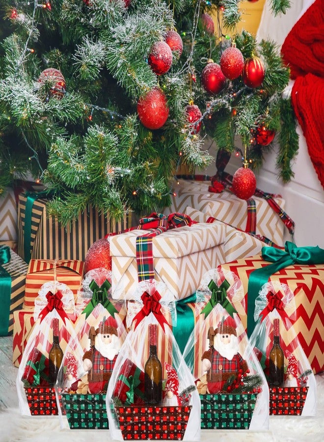 Cholemy 36 Pcs 12 Pack 12x10x4 Christmas Basket Empty Large Size Basket Empty Bulk, Includes 12 Cardboard Baskets with Handles, 12 Plastic Bags, 12 Bows, Cardboard Tray Large Gift Baskets Kit(Plaid - Image 5