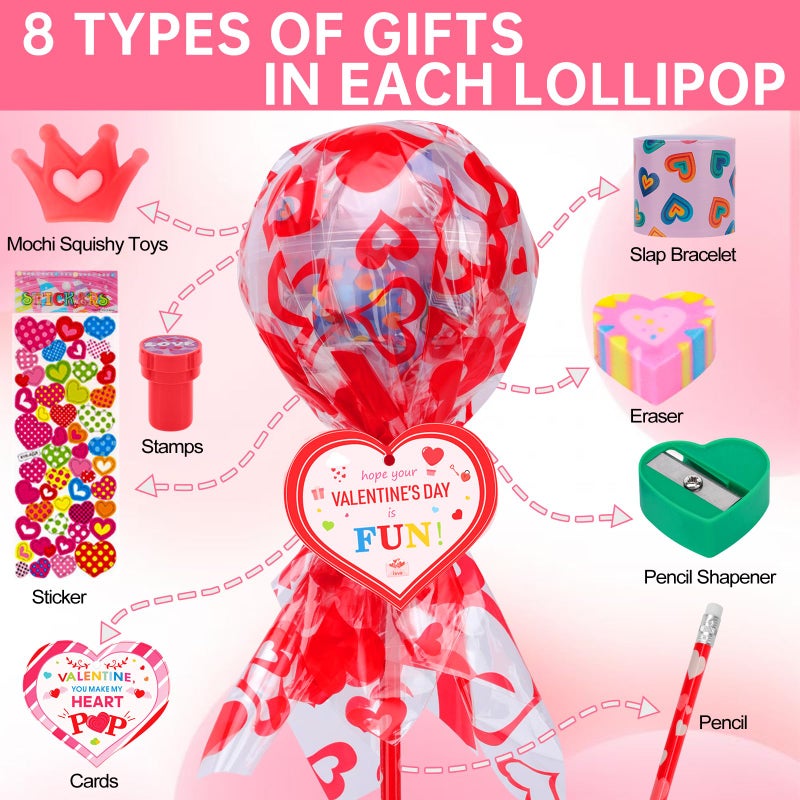 PLUVAVA 30 Pack Valentines Day Gifts Giant Lollipop Stationery Set Lollipop Return Gifts with Heart Cards Pencils Erasers Stamps Sharpeners Bracelets for Valentine Prizes Party Favors - Image 3