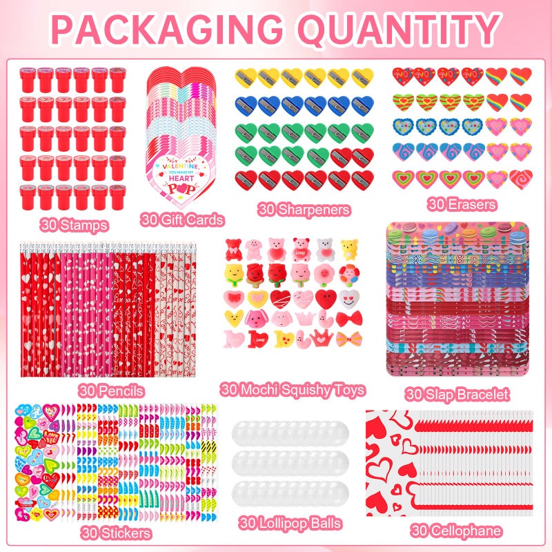 PLUVAVA 30 Pack Valentines Day Gifts Giant Lollipop Stationery Set Lollipop Return Gifts with Heart Cards Pencils Erasers Stamps Sharpeners Bracelets for Valentine Prizes Party Favors - Image 2