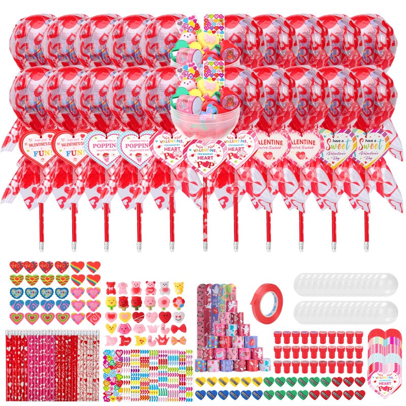 PLUVAVA 30 Pack Valentines Day Gifts Giant Lollipop Stationery Set Lollipop Return Gifts with Heart Cards Pencils Erasers Stamps Sharpeners Bracelets for Valentine Prizes Party Favors - Image 1