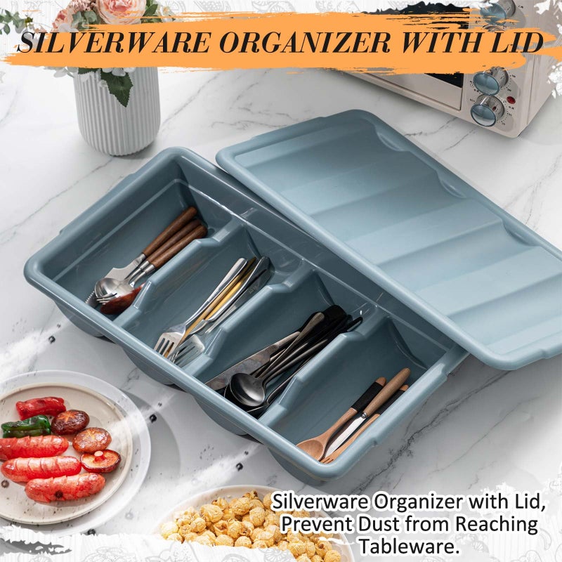 Maxdot 2 Pcs 20.5 x 11.9 x 3.7 Inch Silverware Organizer with Lid, Commercial 4-compartment Restaurant Kitchen Cutlery Tray, Plastic Silverware Storage Container, Condiments Holder, Utensil Box - Image 3