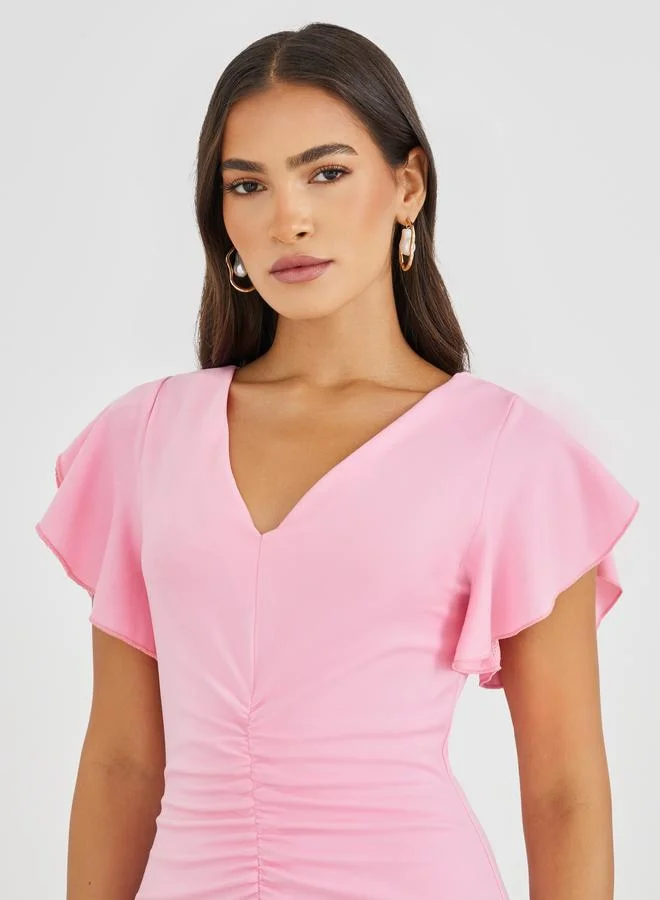 Styli Styli Solid Ruffled Sleeves Mermaid Maxi Dress