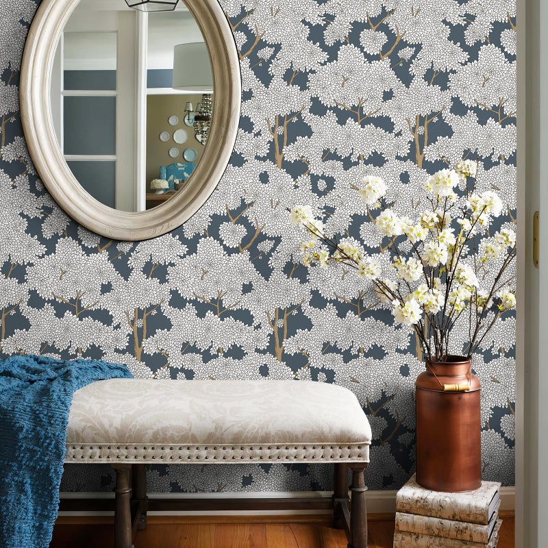 JiffDiff Tree Wallpaper Peel and Stick Jungle Wall Paper Forest Mural Stick on Wallpaper Modern Waterproof Self Adhesive Contact Paper (17.3" x 400" Blue) - Image 1