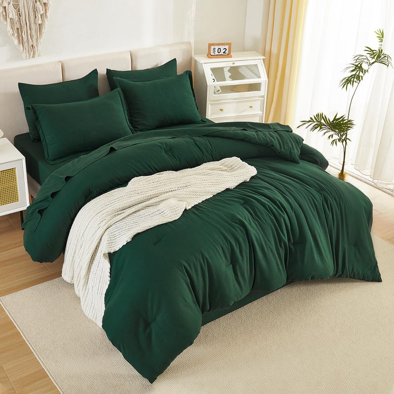 Litanika California King Comforter Set Dark Emerald Green - 7 Pieces Bed in a Bag Cal King Beddding Comforter Sets  Plain Lightweight Bed Set with Comforter  Sheets  Pillowcases & Shams - Image 3