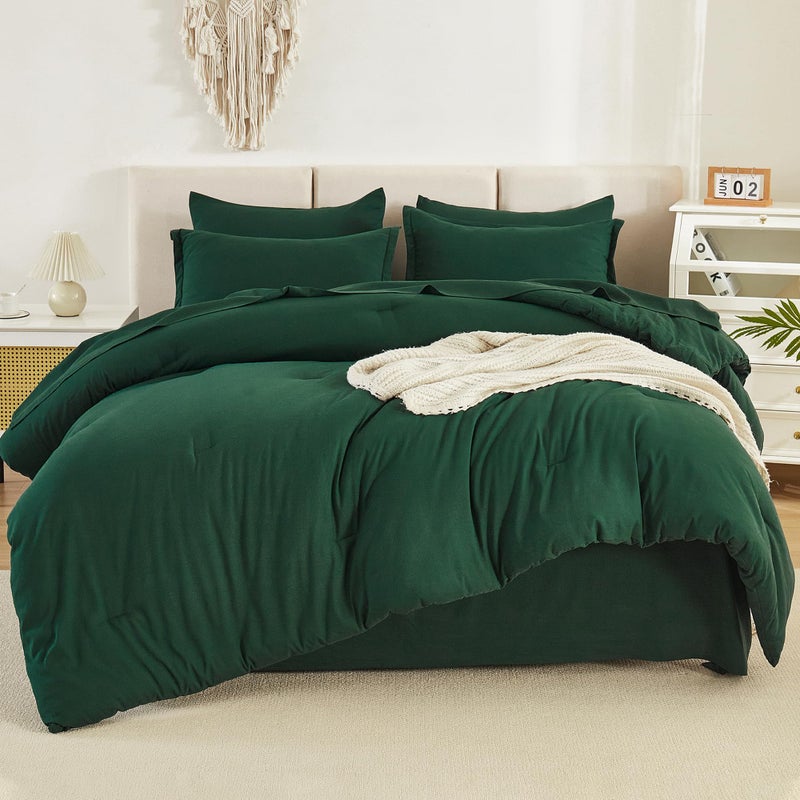 Litanika California King Comforter Set Dark Emerald Green - 7 Pieces Bed in a Bag Cal King Beddding Comforter Sets  Plain Lightweight Bed Set with Comforter  Sheets  Pillowcases & Shams - Image 1