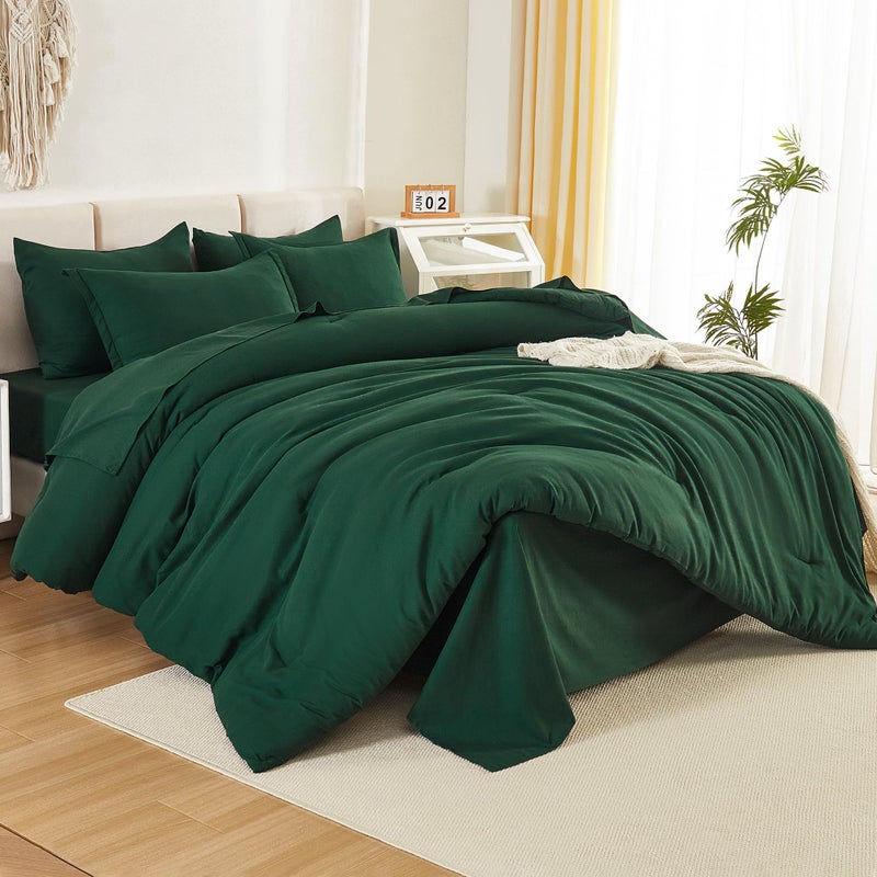 Litanika California King Comforter Set Dark Emerald Green - 7 Pieces Bed in a Bag Cal King Beddding Comforter Sets  Plain Lightweight Bed Set with Comforter  Sheets  Pillowcases & Shams - Image 2