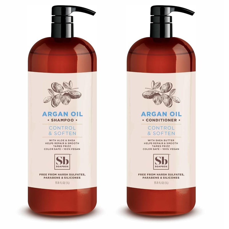 Soapbox Argan Shampoo & Conditioner Set, Volumizing, Vegan, Color Safe, Sulfate & Silicone Free, 1 Liter Each (Pack of 2)