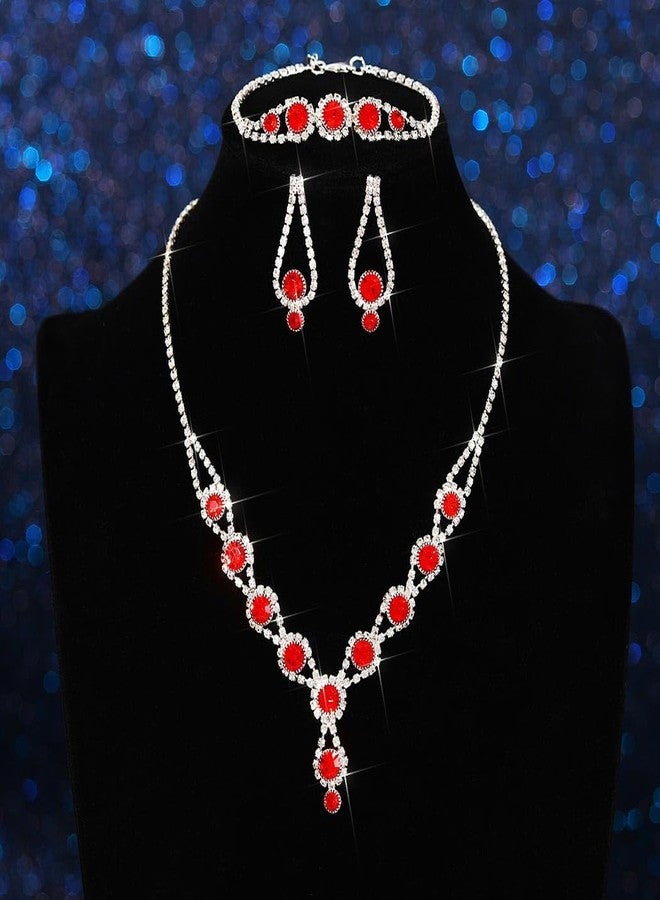 TWINKLEDE Red Jewelry Sets Wedding Rhinestone Necklace Bracelet and Earrings for Women - Image 2