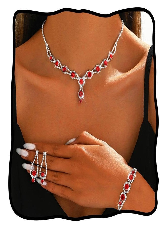 TWINKLEDE Red Jewelry Sets Wedding Rhinestone Necklace Bracelet and Earrings for Women - Image 1