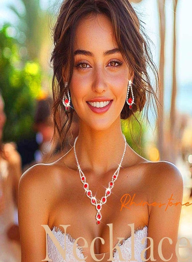 TWINKLEDE Red Jewelry Sets Wedding Rhinestone Necklace Bracelet and Earrings for Women - Image 3