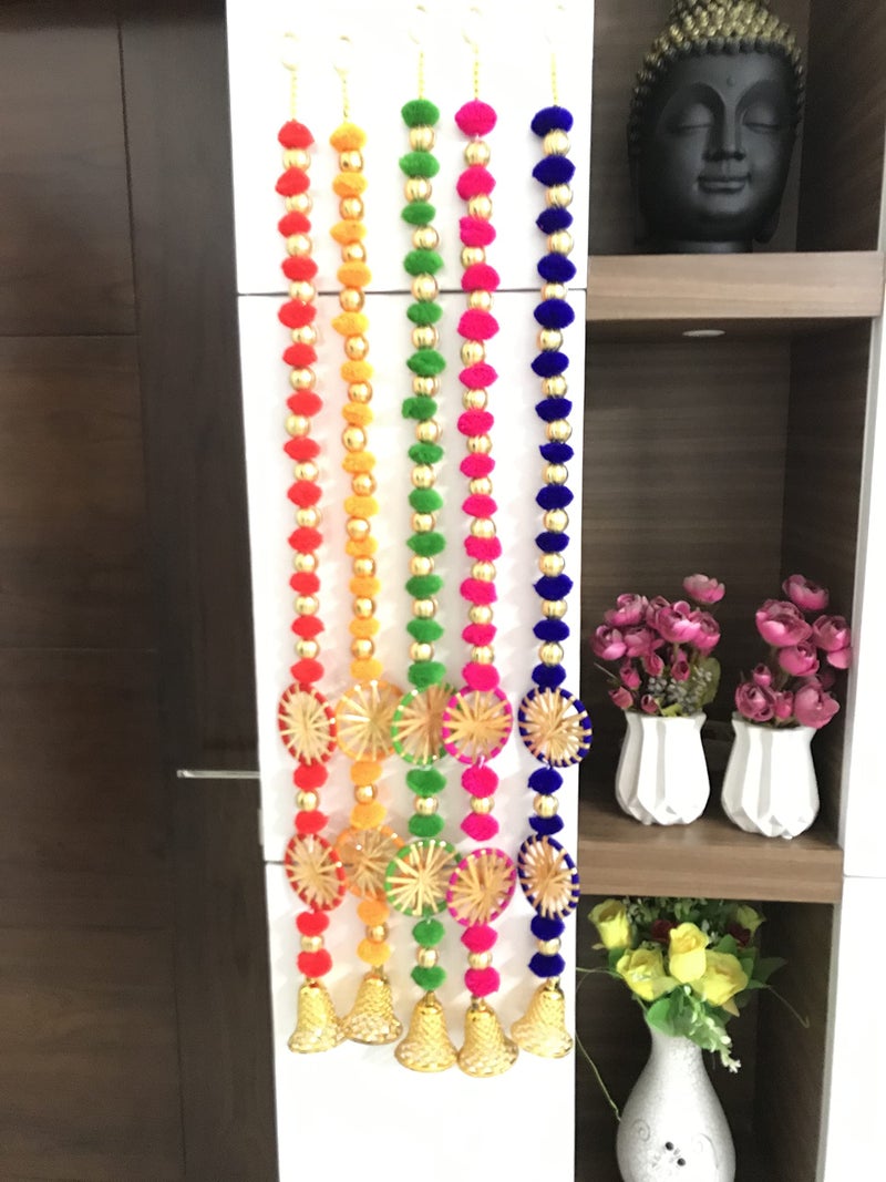 Aahum Handmade Wall Door Multi Color Pom Pom String with Gotta Ball Beads, Hanging Torans Garland Bandhanwar Decoration Item for Home Décor Diwali Festival, Navratri, Wedding (3 FT 10 Strings) - Image 2