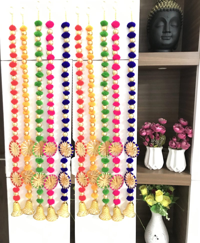 Aahum Handmade Wall Door Multi Color Pom Pom String with Gotta Ball Beads, Hanging Torans Garland Bandhanwar Decoration Item for Home Décor Diwali Festival, Navratri, Wedding (3 FT 10 Strings) - Image 1