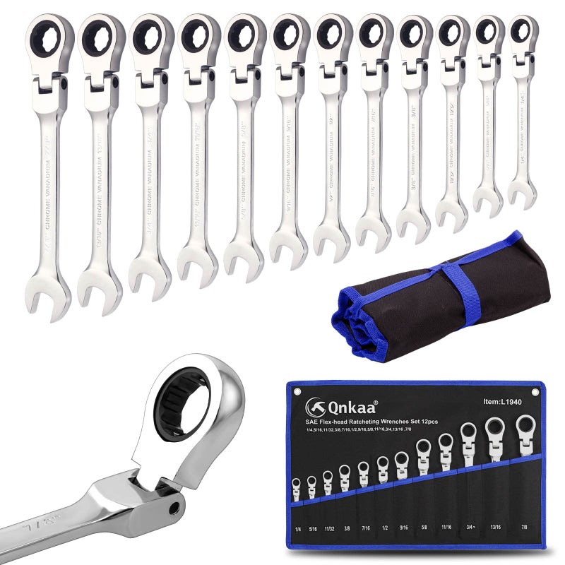 Qnkaa 12pcs Flexible Ratchet Wrenches Set SAE 14 to 78 Inch Standard Spanners Gear Ring Ratcheting Combination Flexi Wrench Kit Flex Flexible Head