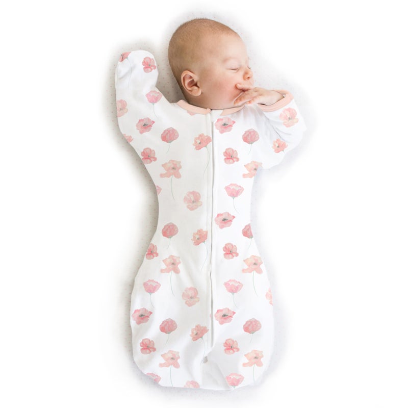 SwaddleDesigns Organic Transitional Swaddle Sack, Arms Up Swaddle with Half-Length Sleeves & Mitten Cuffs, Medium, 3-6 Months, 14-21 lbs, Watercolor Peach Blush Poppies - Image 1