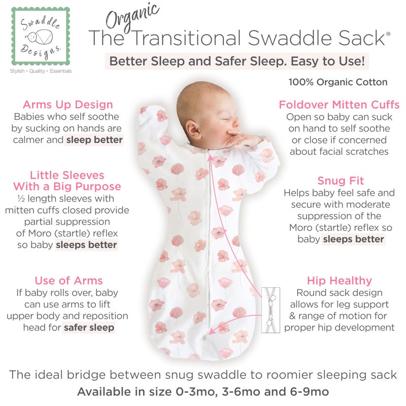 SwaddleDesigns Organic Transitional Swaddle Sack, Arms Up Swaddle with Half-Length Sleeves & Mitten Cuffs, Medium, 3-6 Months, 14-21 lbs, Watercolor Peach Blush Poppies - Image 2