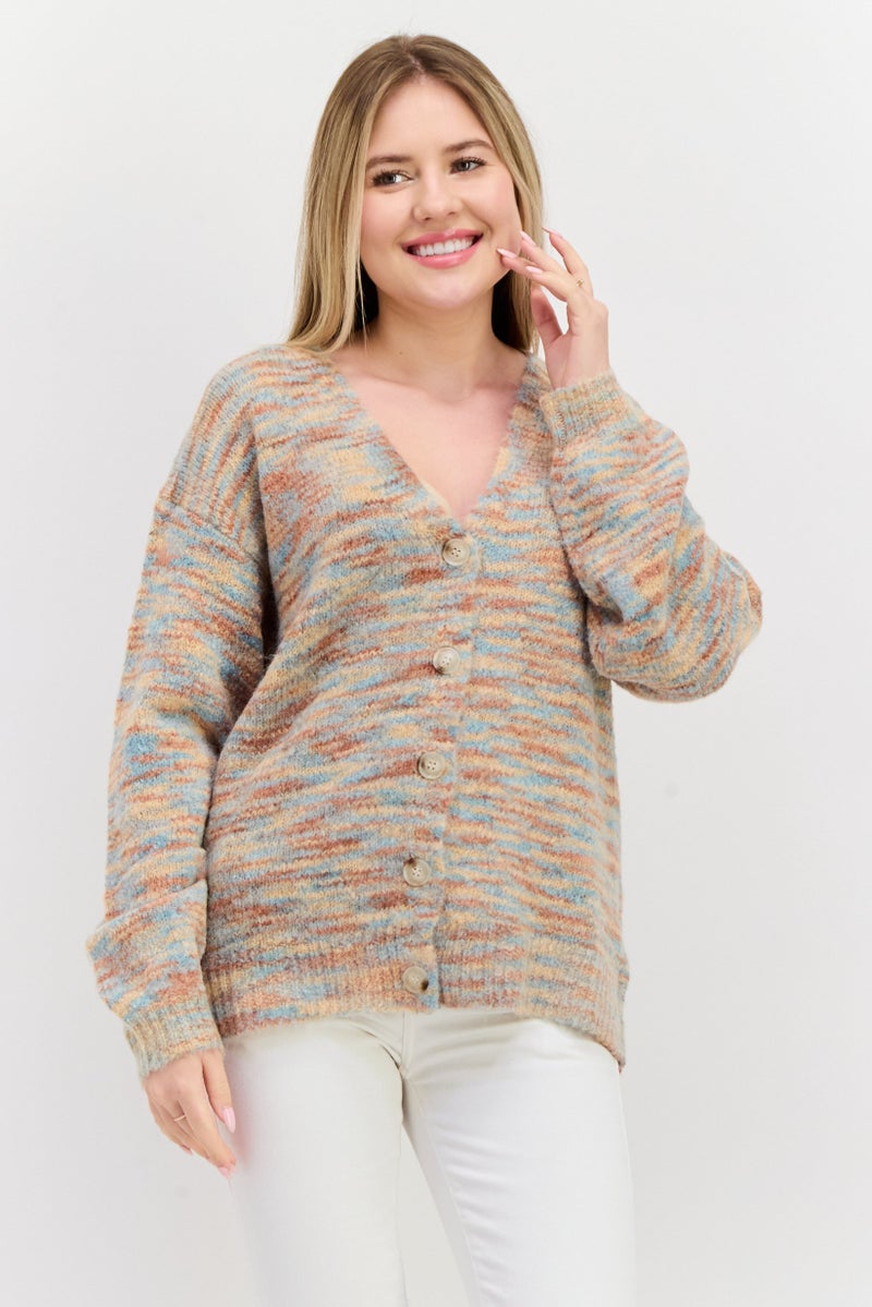 NIA Women V Neck Space Dye Cardigans, Multicolor - Image 1