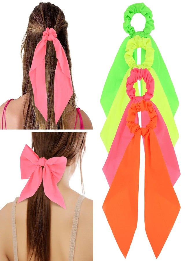 Wecoe 4 Pack Neon Hair Ribbon Scrunchies, Bright Colors Scarf Scrunchies Elastic Ties with Bows Ponytail Holder Hair Bands 80s 90s Disco Hair Accessories for Women Girls - Image 1
