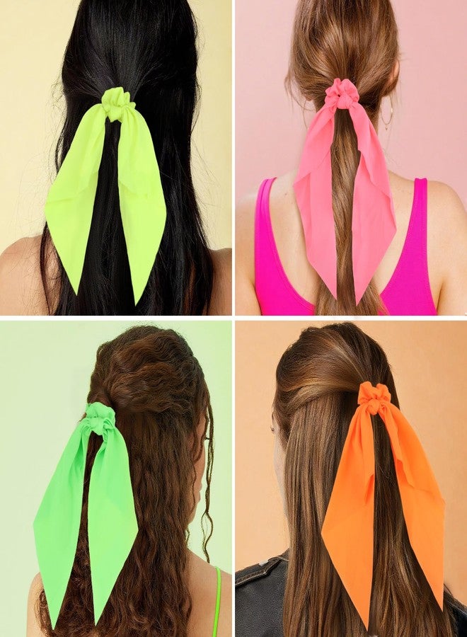 Wecoe 4 Pack Neon Hair Ribbon Scrunchies, Bright Colors Scarf Scrunchies Elastic Ties with Bows Ponytail Holder Hair Bands 80s 90s Disco Hair Accessories for Women Girls - Image 2