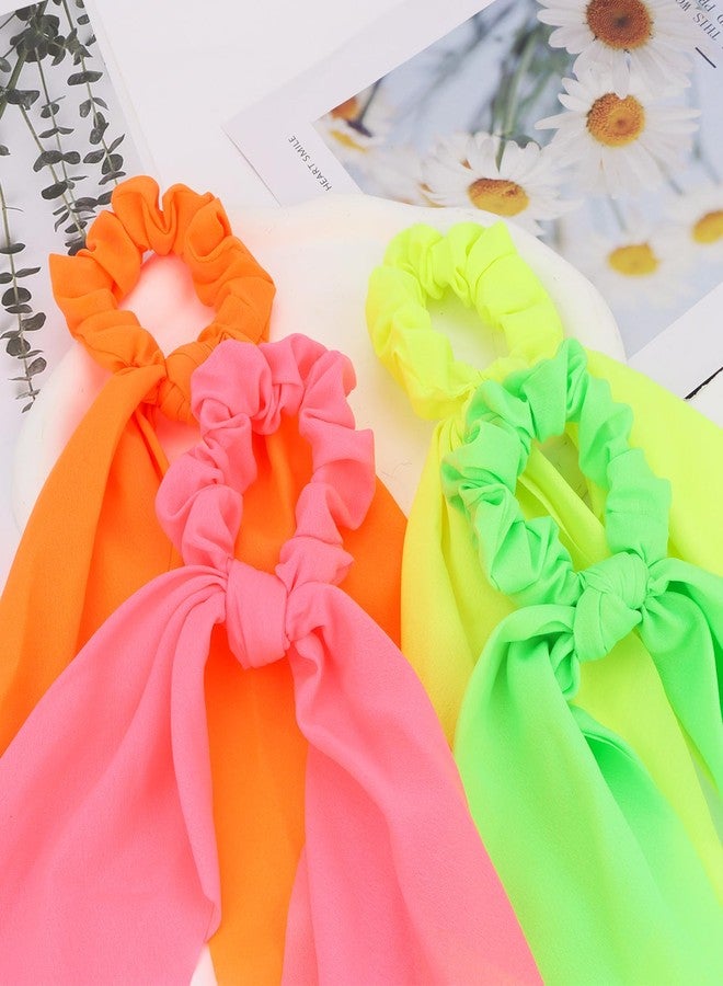Wecoe 4 Pack Neon Hair Ribbon Scrunchies, Bright Colors Scarf Scrunchies Elastic Ties with Bows Ponytail Holder Hair Bands 80s 90s Disco Hair Accessories for Women Girls - Image 5