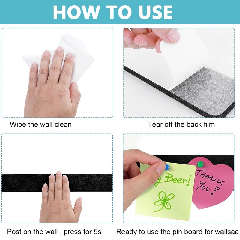 Climberty ® 5 Pack Felt Bulletin Board, Vision Board Felt Message Board with 35pcs Drawing Pins, Self-Adhesive Lightweight Bulletin Board Strips for Paste Notes, Photos, Schedules (Black) - Image 4