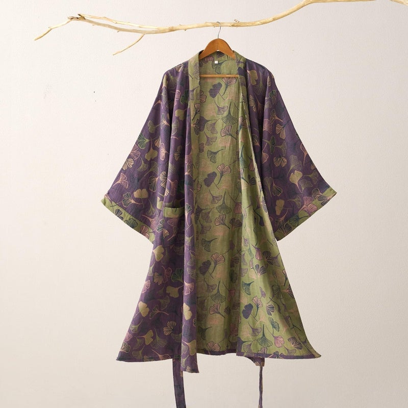 Kimono Robe 100% Cotton Gauze Ginkgo Leaf Print - Image 2