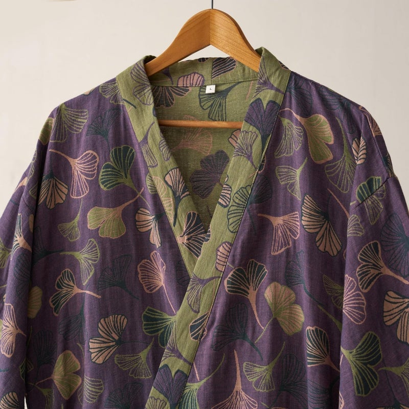Kimono Robe 100% Cotton Gauze Ginkgo Leaf Print - Image 3