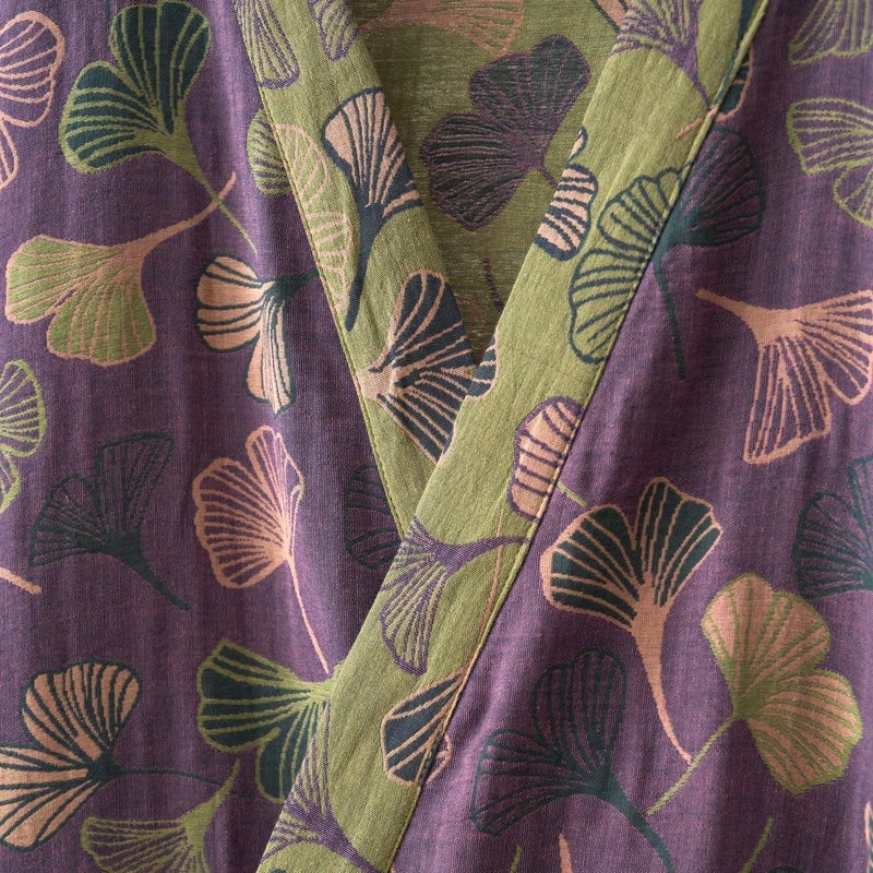 Kimono Robe 100% Cotton Gauze Ginkgo Leaf Print - Image 4