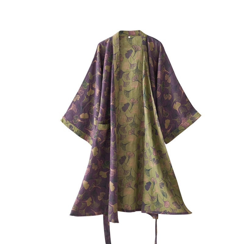 Kimono Robe 100% Cotton Gauze Ginkgo Leaf Print - Image 1