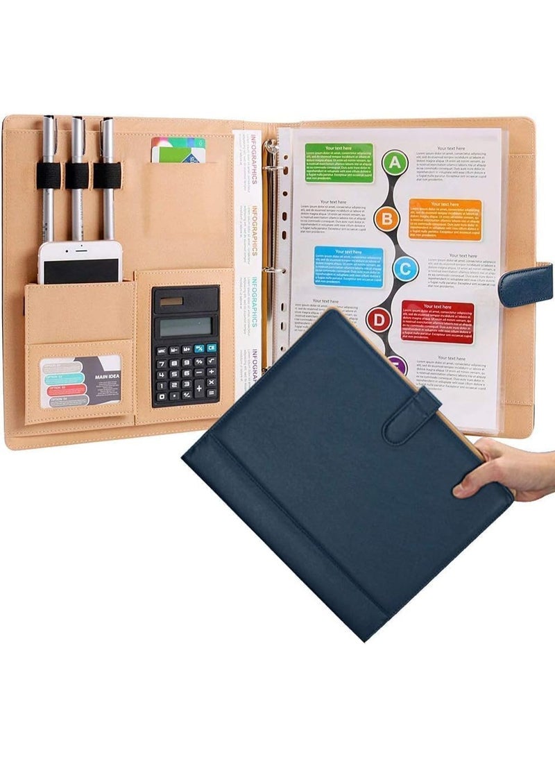 A4 Leather Padfolio with Calculator, Azonee Professional Portfolio Binder with Clipboard, 3 Ring Organizer Folder for Business, Office, Interview, Travel Use - Image 1