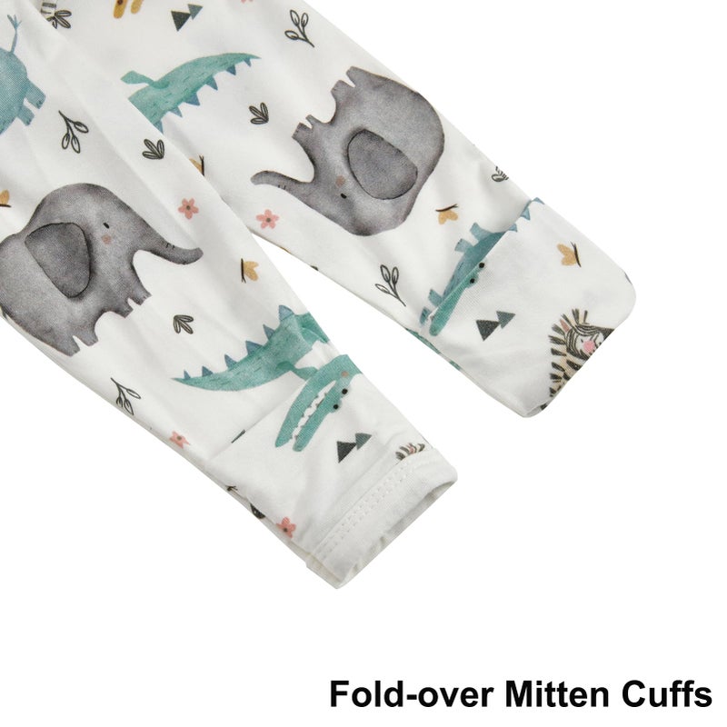 Aablexema Baby Nightgowns Rayon of Bamboo, 2Pcs Newborn Sleeper Gown with 2-way Zipper, Flip Mittens & Foot Cover(Khaki & Animal, Preemie) - Image 4