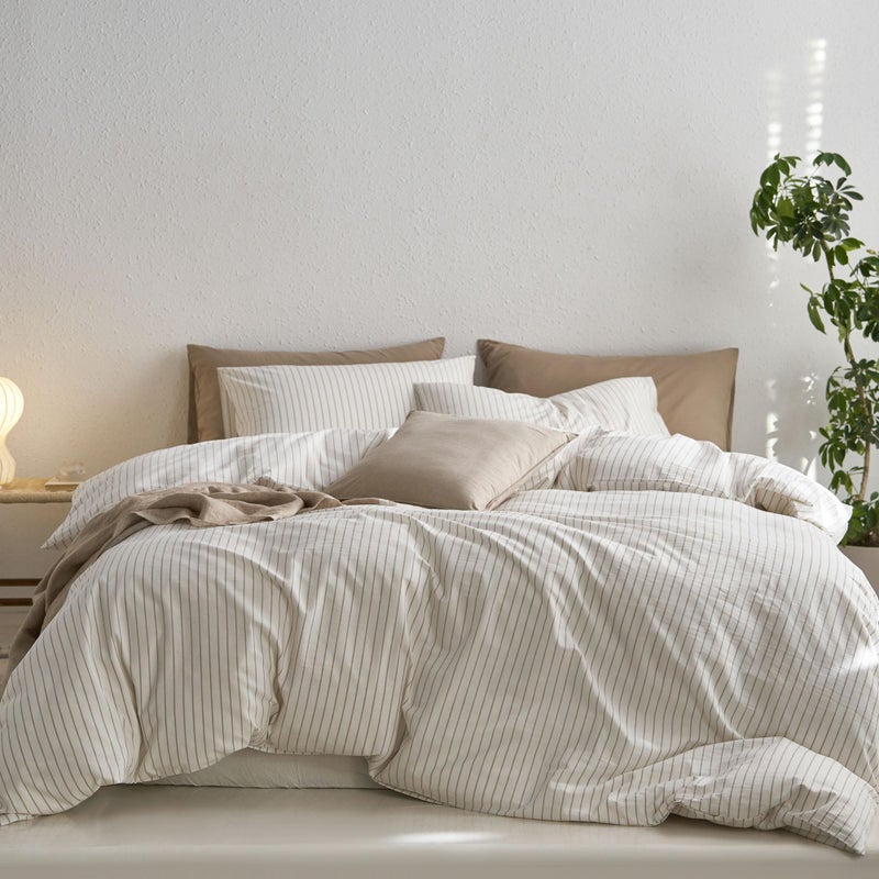 MooMee Striped Duvet Cover Set 100% Washed Cotton Linen Like Textured Breathable Durable Soft Comfy (White Tannish Linen Grey Wide Stripes, King 104"x90") - Image 1