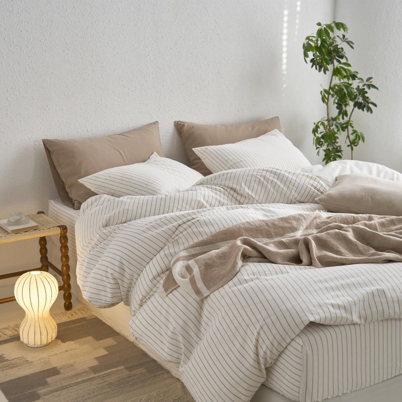 MooMee Striped Duvet Cover Set 100% Washed Cotton Linen Like Textured Breathable Durable Soft Comfy (White Tannish Linen Grey Wide Stripes, King 104"x90") - Image 4