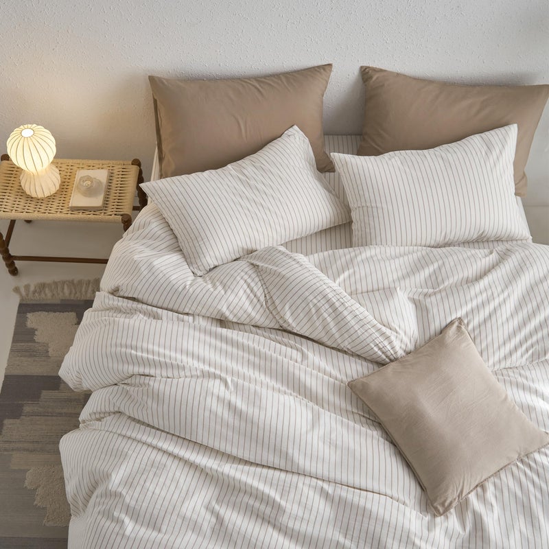 MooMee Striped Duvet Cover Set 100% Washed Cotton Linen Like Textured Breathable Durable Soft Comfy (White Tannish Linen Grey Wide Stripes, King 104"x90") - Image 5