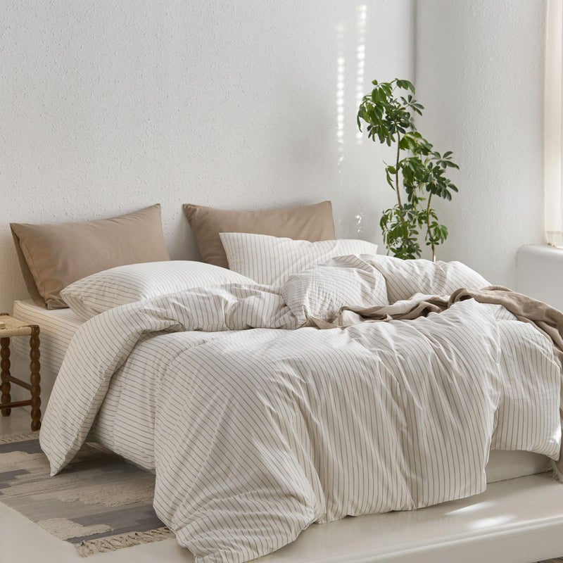 MooMee Striped Duvet Cover Set 100% Washed Cotton Linen Like Textured Breathable Durable Soft Comfy (White Tannish Linen Grey Wide Stripes, King 104"x90") - Image 3