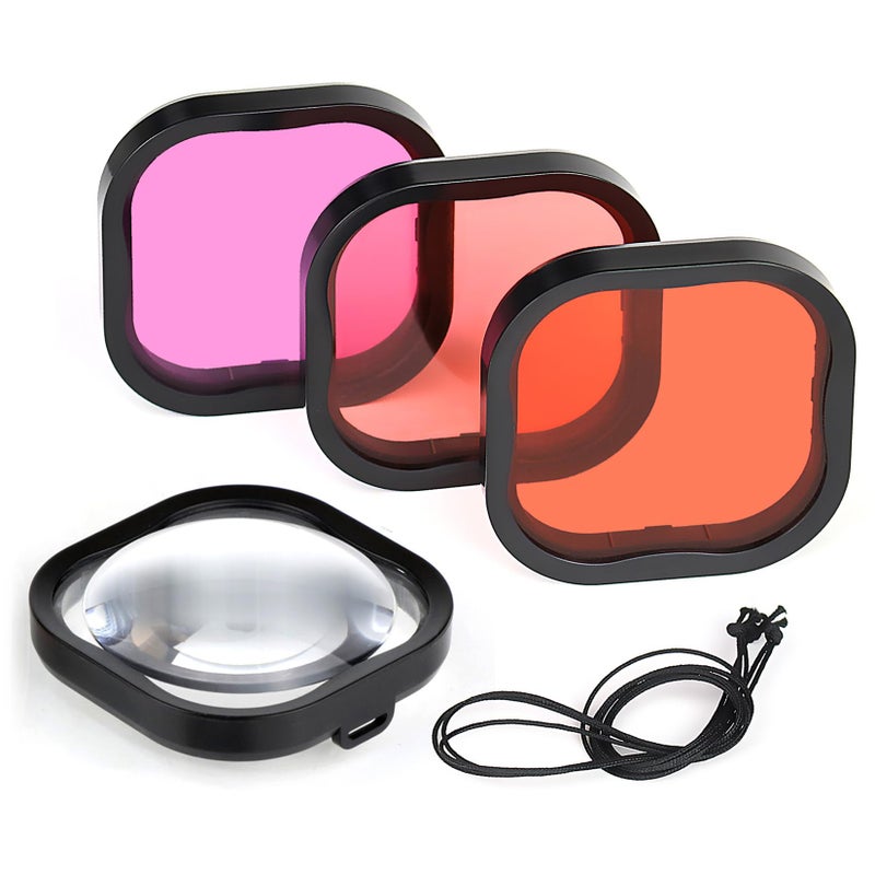GEPULY 4 Pack Underwater Dive Filters for GoPro Hero 8 9 10 11 12 13 Black Official Waterproof Housing Case in Red, Light Red, Magenta, and 5X Close-up Filters for Underwater Color Correction - Image 1