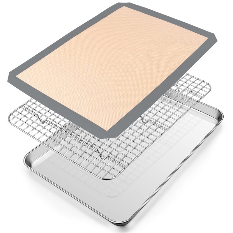 صينية فرن توستر PP CHEF 16 × 12 × 1 بوصة مع رف شبكي وسجادة سيليكون مصنوعة من الفولاذ المقاوم للصدأ صينية فرن توستر صينية خبز مع رف تبريد آمن في غسالة الصحون 3 قطع