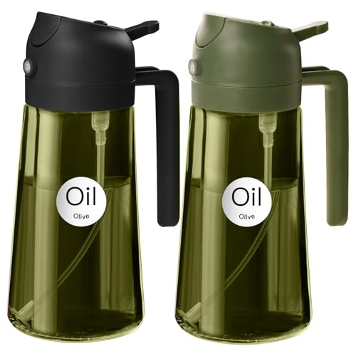 ‎YARRAMATE YARRAMATE 2Pcs 16oz470ml Dark Green Oil Sprayer for Cooking with Stickers Foodgrade Premium 2 in 1 Olive Oil Dispenser Bottle for Kitchen Gadgets Air Fryer Salad Frying BBQ BlackOliveGreen - Image 1
