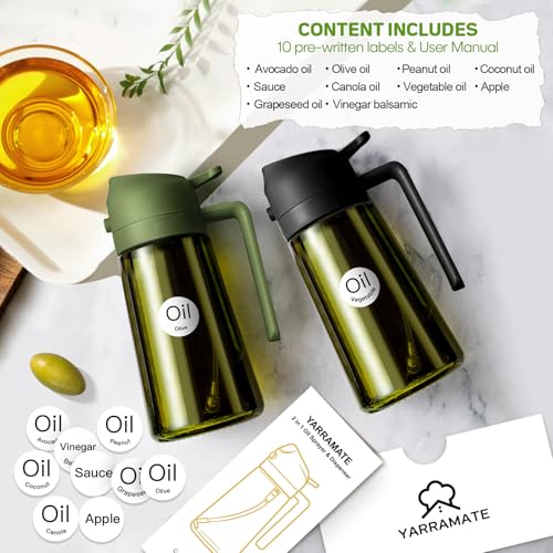 ‎YARRAMATE YARRAMATE 2Pcs 16oz470ml Dark Green Oil Sprayer for Cooking with Stickers Foodgrade Premium 2 in 1 Olive Oil Dispenser Bottle for Kitchen Gadgets Air Fryer Salad Frying BBQ BlackOliveGreen - Image 3