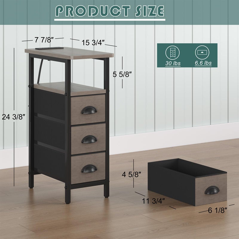 sthmec End Table with Charging Station,Narrow Side Tables with USB Ports and Outlets,Skinny Bedside Tables with 3 Drawers,Small Tables Nightstands for Small Space,Slim Sofa Table for Livingroom,Grey - Image 3