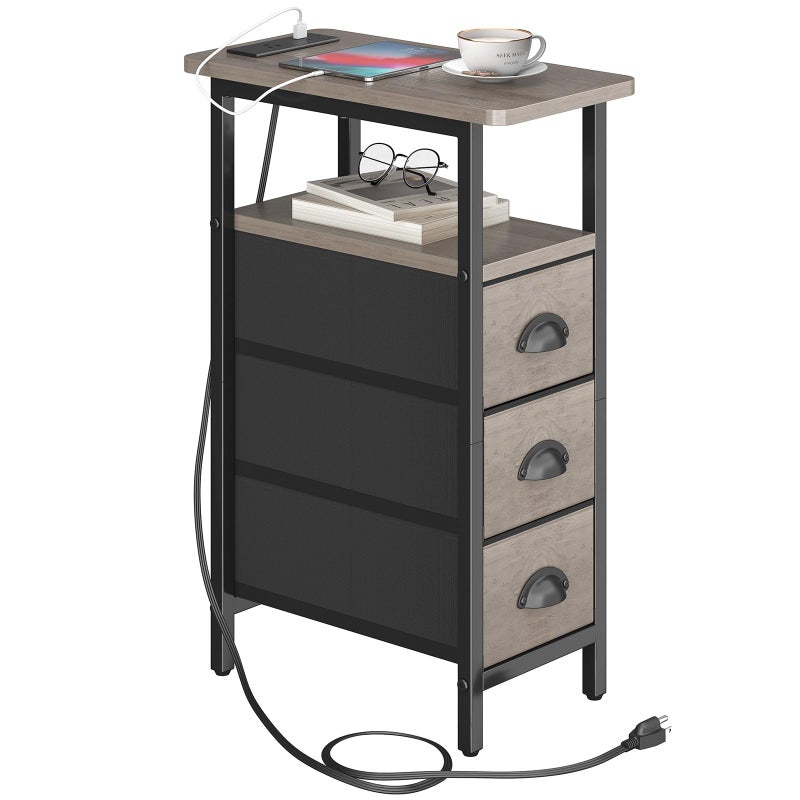sthmec End Table with Charging Station,Narrow Side Tables with USB Ports and Outlets,Skinny Bedside Tables with 3 Drawers,Small Tables Nightstands for Small Space,Slim Sofa Table for Livingroom,Grey - Image 1