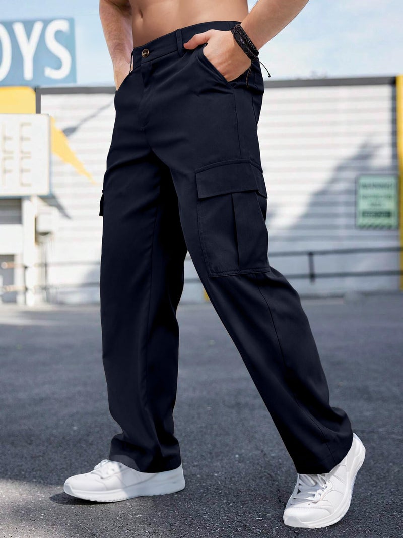 Comdecevis Mens Casual Cargo Pants Elastic Waist Sweatpants with Zipper Botton Loose Pants for Men Dark Blue M - Image 3