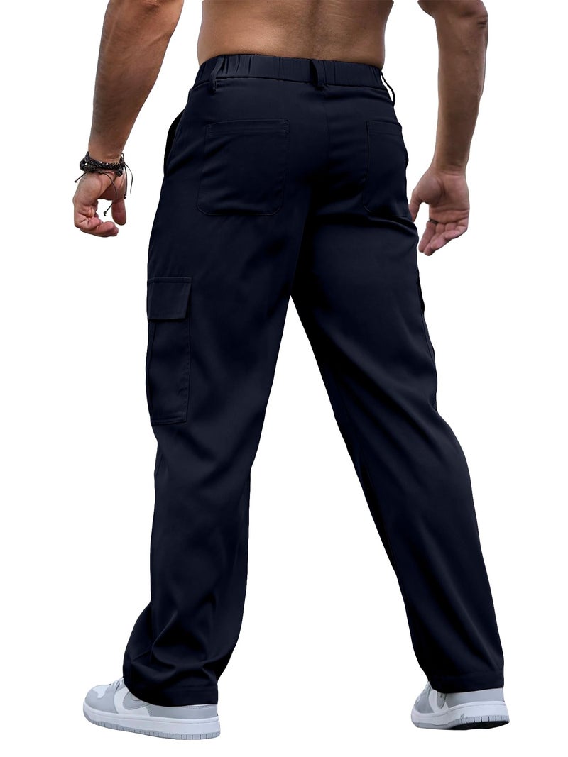 Comdecevis Mens Casual Cargo Pants Elastic Waist Sweatpants with Zipper Botton Loose Pants for Men Dark Blue M - Image 2