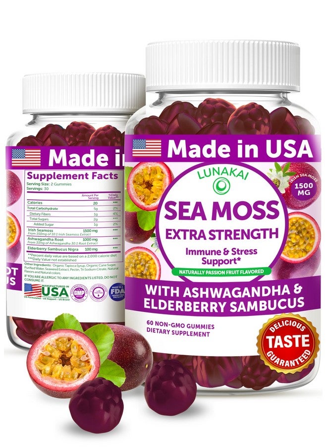 Lunakai USA Made Irish Sea Moss Gummies with Ashwagandha & Elderberry - Delicious Immune & Stress Support Supplement for Men & Women, 60ct - Image 1